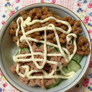 ハムきゅうりツナ納豆マヨ丼